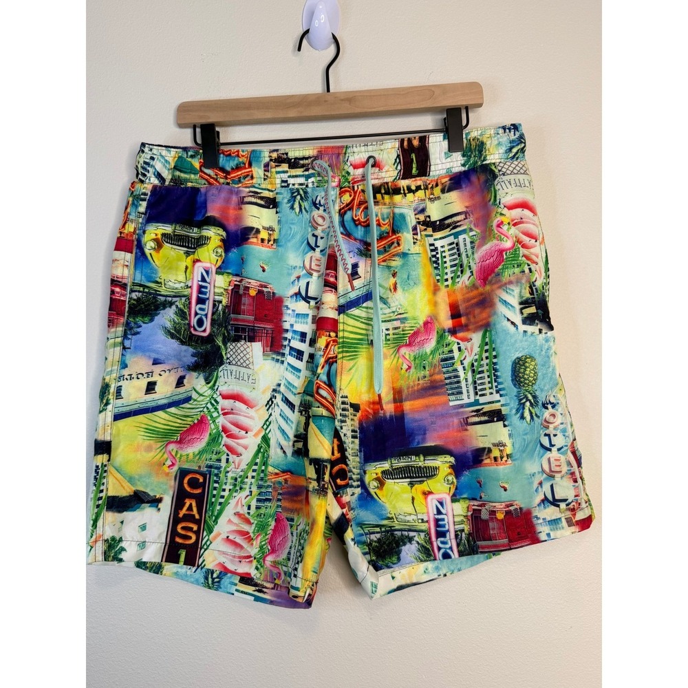 Surf Society Men's XL Swim Trunks Retro Neon Flamingo Casino Board Shorts Multi